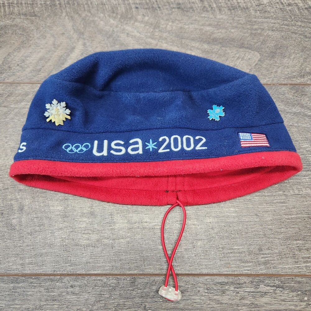 Vintage 2002 Winter Olympics Team USA Roots Fleece Beret Hat Cap W/ 2 Pins SLC